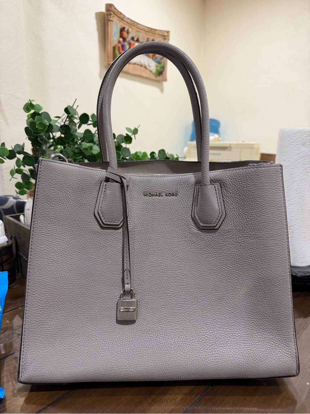 Michael Kors Taupe Pebbled Leather Tote with Top Handles